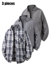 3pcs Set - Men'S Spring/Autumn Collared Checkered Shirt Youth Outdoor Casual Trendy Top Men'S Fashion Versatile Jacket