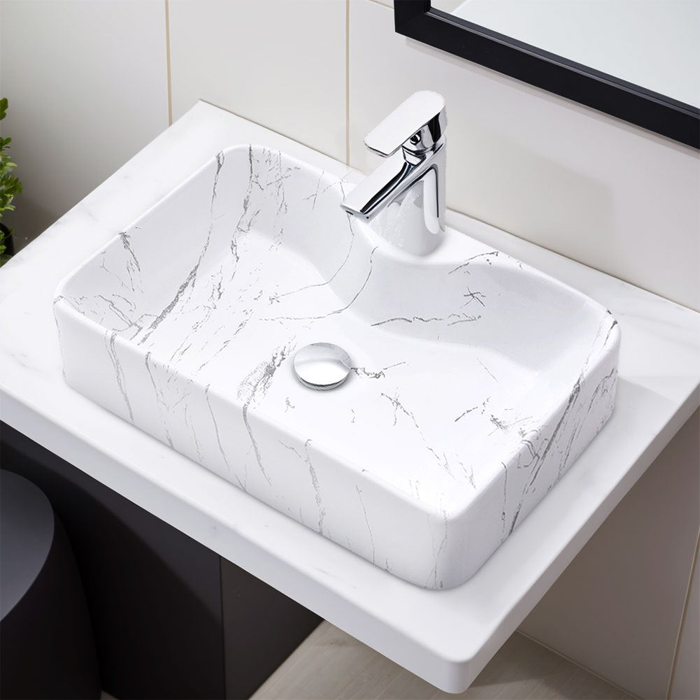Rectangle Vessel Sink with Faucet Hole, Marble Effect Ceramic Countertop Bathroom Washbasin, Cloakroom Vanity Surface Mounted Ceramic Sink Vessel Washbasin with Pop Up Waste Drainer, Large Basin Sink for Lavatory, Bathroom, Vanity Unit, White Gloss, 480x3