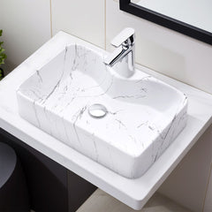 Rectangle Vessel Sink with Faucet Hole, Marble Effect Ceramic Countertop Bathroom Washbasin, Cloakroom Vanity Surface Mounted Ceramic Sink Vessel Washbasin with Pop Up Waste Drainer, Large Basin Sink for Lavatory, Bathroom, Vanity Unit, White Gloss, 480x3