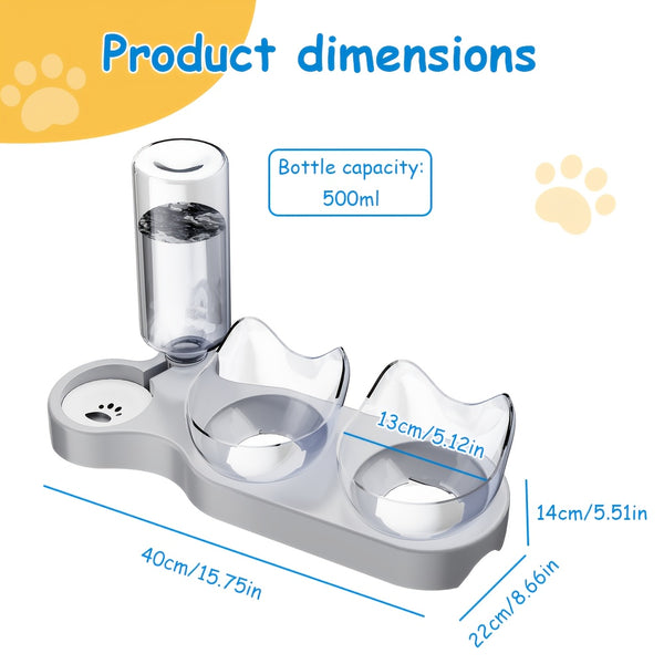 3-In-1 Pet Feeder, Pet Bowl, 40.01cm*9.3cm, Local Inventory Shipment, Triple Cat Bowl for Food And Water, Plastic Raised Cat Dish, Automatic Water Bottle, Food Bowl And Waterer Set, 15° Neck Guard, Dry And Wet Food Bowl Set for Cats