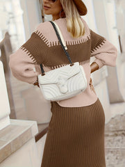 High Neck Pullover Skirt Split Two-Piece Color Block Contrast Thick Long Sleeve Sweater Set, Winter Wardrobe, Elegant Style, Color Block Design, Thick Fabric, Pullover Top, Long Sleeve Skirt, Women'S Fashion, Office Wear