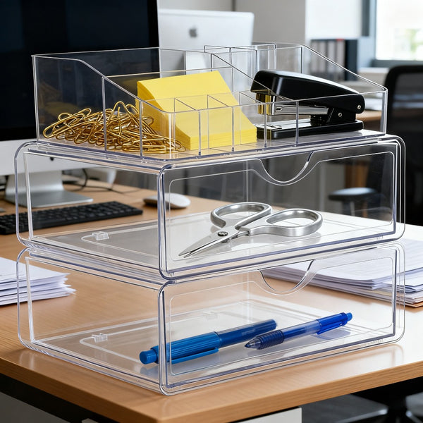 Three-Level Drawer Organizer, Multi-Section Storage Box for Office Items (Pens, Paper Clips, Staplers)