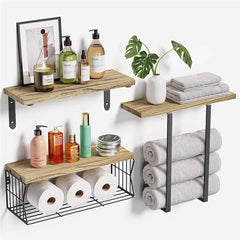 3pcs Wall Mounted Shelf Set - Wood Vertical Storage Organizer Above Toilet, Space Saving Bathroom Shelves for Small Bathrooms, Towel & Decor Storage