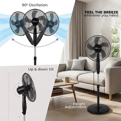 16 Inch Pedestal Fan with Oscillation, 3 Speed Settings, Adjustable Height & Tilt, Floor Standing Fan for Home & Office