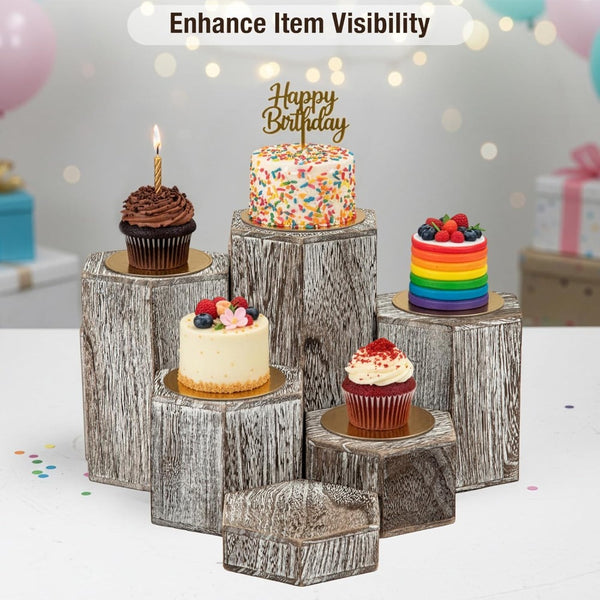 6-Pack Hexagon Display Risers in Vintage Brown – Tiered Display Stands for Shelves and Countertops – Display Plinths for Jewelry, Retail Crafts, Cupcakes, and Desserts