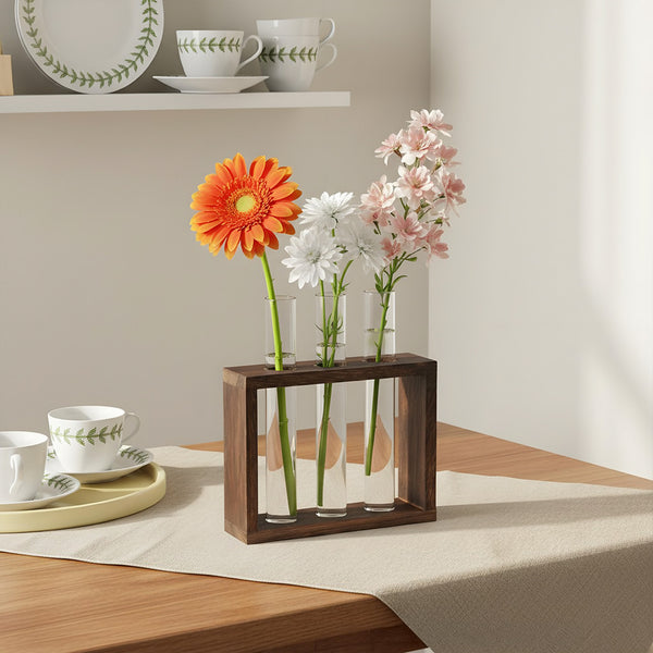 Multi-Tube Plant Propagation Station with Wooden Stand & Metal Swivel Holder, Desktop Retro Plant Terrarium Bulb Vase for Indoor Hydroponic Flowers, Tabletop Glass Planter Housewarming Gifts for Plant Lovers, 28x13.8cm (3 Tubes)