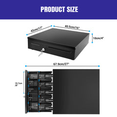 Cash Box Money Till Drawer with 5 Bill 5 Coin Removable Trays, Cash Register Drawer Manual Open, Key-Lock Adjustable Removable Cash Tray Till