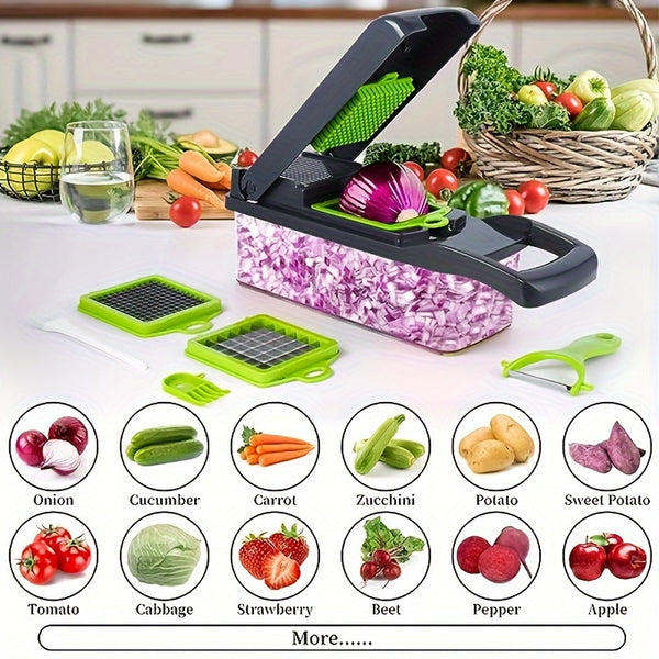 16pcs Vegetable Chopper, Multi-Purpose Fruit Slicer, Handle Food Grater, Vegetable Slicer, Cutter with Container, Onion Chopper with Multiple Interchangeable Blades