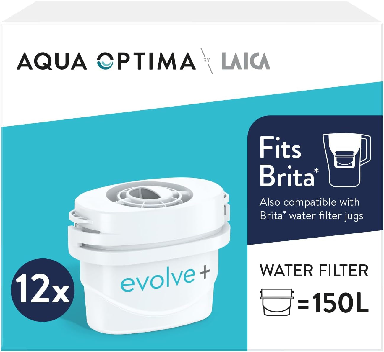 Aqua Optima Evolve+ Water Filter Cartridges 3 Pack - Fits Brita Jugs & Alternative for Maxtra Filters* - Reduces Limescale, Chlorine and Other Impurities - by LAICA (Packaging May Vary)