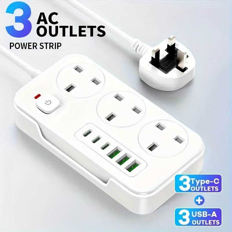 2025 New 9-in-1 Multifunctional Power Strip with Multi-Hole Charger, 1 Power Strip (3AC+3USB-A+3TYPE-C), One Main Switch, Equipped with a 1.9 Meter Long Extension Cord, Designed for Home and Office Use