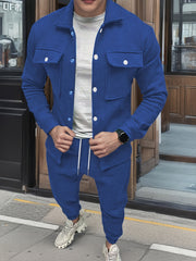 Men'S Fashionable Versatile Lapel Genuine Pocket Outwear Long Sleeve Jacket And Drawstring Solid Color Pocket Pants 2pcs Set