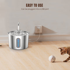 2.2L Cat Water Fountain for Drinking, Quiet Pet Water Dispenser Stainless Steel, Automatic Cat Water Bowl Cat Fountain with LED Light and Water Level Window, Cat Drinking Fountain with 2pcs Filters and Sponges