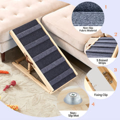 Dog Ramp for Bed Height Adjustable Folding Pet Ramp with Non-Slip Rug Surface Portable Wooden Dog Steps Stairs for Small Large Animals for Sofa Couch