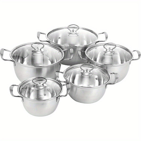 kitchen 5pcs Stainless Steel Pot Professional Induction-Safe Pot with Glass Lid Not-Sticky Hot Pot Double Ear Soup Pot