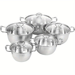 kitchen 5pcs Stainless Steel Pot Professional Induction-Safe Pot with Glass Lid Not-Sticky Hot Pot Double Ear Soup Pot