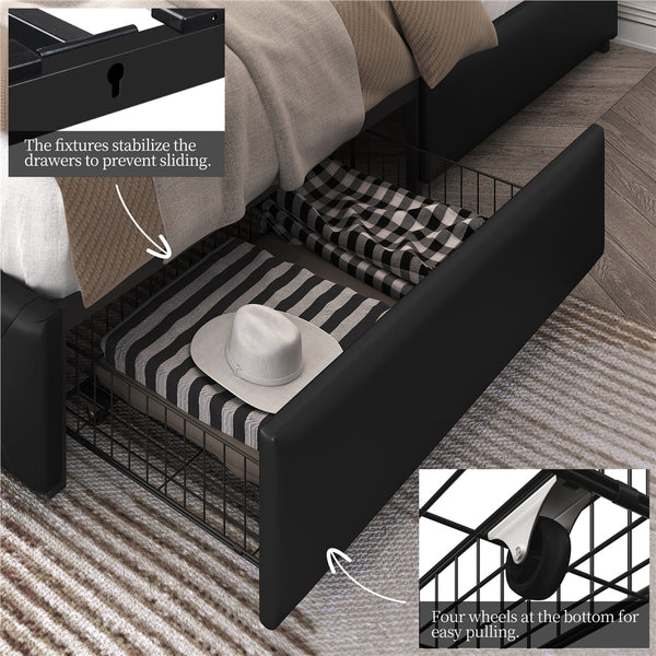 Costoffs Upholstered Bed Frame, Storage Bed Frame, Upholstered Bed Frame with Large Pull-Out Drawers Storage & Height-Adjustable Headboard, Button-tufted Upholstered Bed with Adjustable Headboard, Black