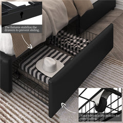 Costoffs Upholstered Bed Frame, Storage Bed Frame, Upholstered Bed Frame with Large Pull-Out Drawers Storage & Height-Adjustable Headboard, Button-tufted Upholstered Bed with Adjustable Headboard, Black