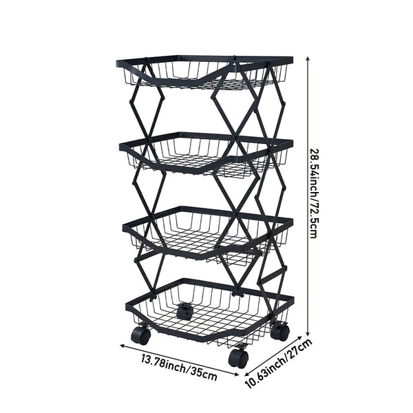 Foldable Kitchen Organizer Cart with 360° Rotating & Multi-Tier Shelves, Large Capacity Metal Vegetable Cart & Organiser - Portable, Space-Saving Storage for Pantry, Utility Room & Kitchen