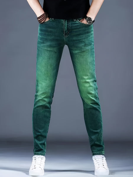 Men'S Jeans, Elastic, Easy, Denim Trousers, Slimming, Slim Fit, Green Men'S Clothing, Multi-Process Men'S Pants, Suitable for All Seasons