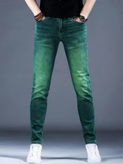 Men'S Jeans, Elastic, Easy, Denim Trousers, Slimming, Slim Fit, Green Men'S Clothing, Multi-Process Men'S Pants, Suitable for All Seasons