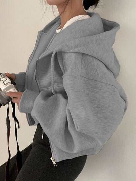 Women's Elegant Fleece Hooded Zipper Jacket with Drawstring - Soft Warm Long Sleeve Sweatshirt, Front Pockets, All-Season Casual Outerwear for Daily Comfort, Sweater Zip Up Hoodie, Comfort Fit Apparel, Ribbed Cuffs Design