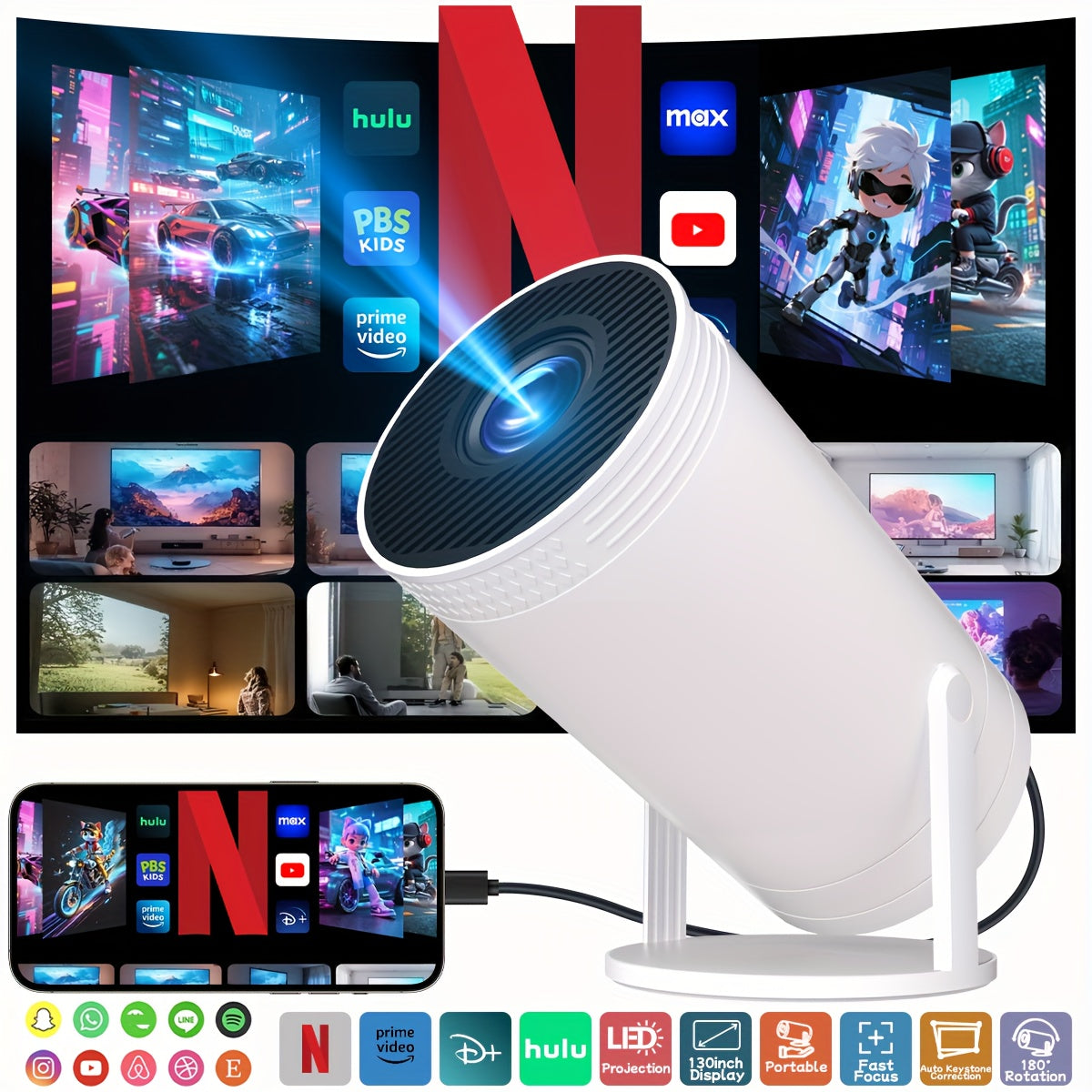 XYA 4K Ultra-HD Smart Projector Mini Projector Built in Speakers with 180° Rotation Auto Keystone Correction Idea for Home Theater Gaming Presentations Compatible with TV-Stick PC Smartphones USB, Mini Projector For Bedroom, Cell Phone Projector Mini, Gam