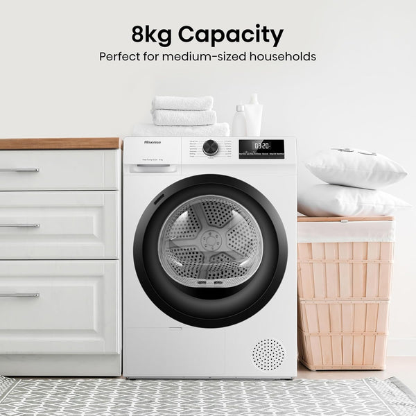 Hisense DH1Q802BW2 60Cm Freestanding 8 KG Heatpump Front Load Tumble Dryer, 16 Programmes, Auto Dry, Steam Refresh, Allergy Care - White