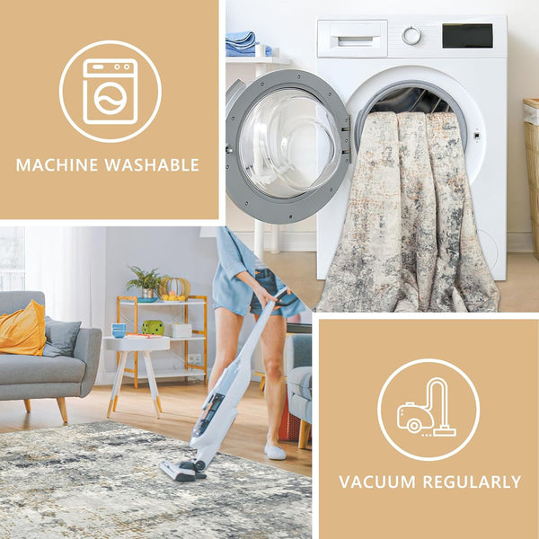 200x300cm Large Modern Abstract Rugs Living Room Non-slip Area Rug Short Pile Faux Bedroom Carpet Lightweight Washable Minimalist Floor Mat for Living Room Bedroom Office Decor, Gray Golden,