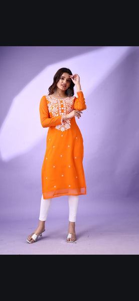 Estationeryhouse Women's Georgette Lucknowi chikankari kurti, Rose Design with Heavy Embroidery, Without Bottom