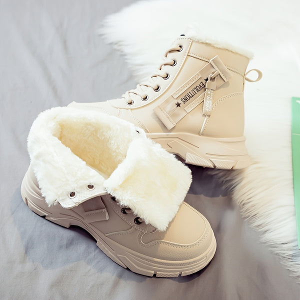 Women'S Winter Ankle Boots - Thick Cushioned Sole, Lace-Up Closure, Beige/White - PU Synthetic Cover Upper - Warm Cold Weather Boots for Everyday & Formal Outfits - Easy-Clean Shoes, Ladies Winter Boots, Casual Footwear, Plush Lined Interior, Fabric Lined