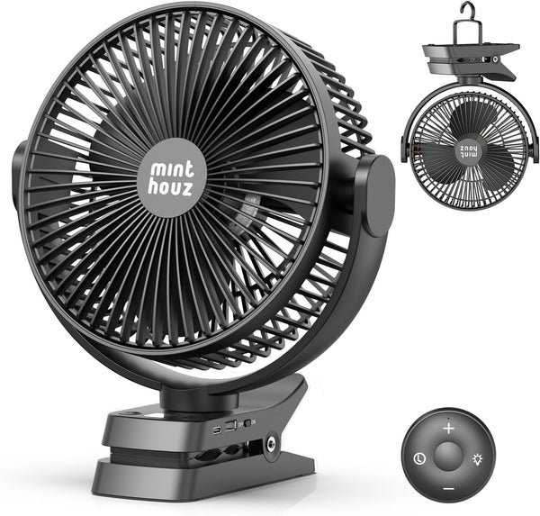 Minthouz 12000Mah Clip on Fan, 5 Speeds USB Desk Fan with Rechargeable Battery, 8 Inch, Max 29 Hrs, Remote Control & LED Display, Light, Timer, Personal Fan for Home Office Stroller Camping White