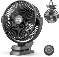 Minthouz 12000Mah Clip on Fan, 5 Speeds USB Desk Fan with Rechargeable Battery, 8 Inch, Max 29 Hrs, Remote Control & LED Display, Light, Timer, Personal Fan for Home Office Stroller Camping White