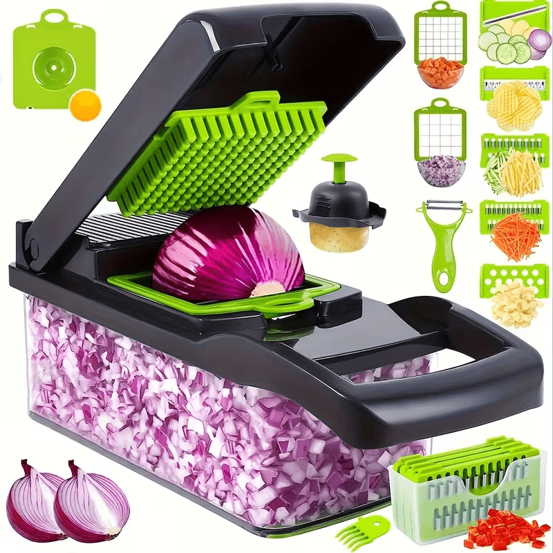 A Multifunctional 16-In-1 Food Chopper, Including a Vegetable Chopper, Onion Chopper, Vegetable Slicer, Dicer, And More, Equipped with 8 Blades, a Strainer Basket, And Containers for Salad, Potatoes, Carrots, And Garlic, Along with a Drainage Basket