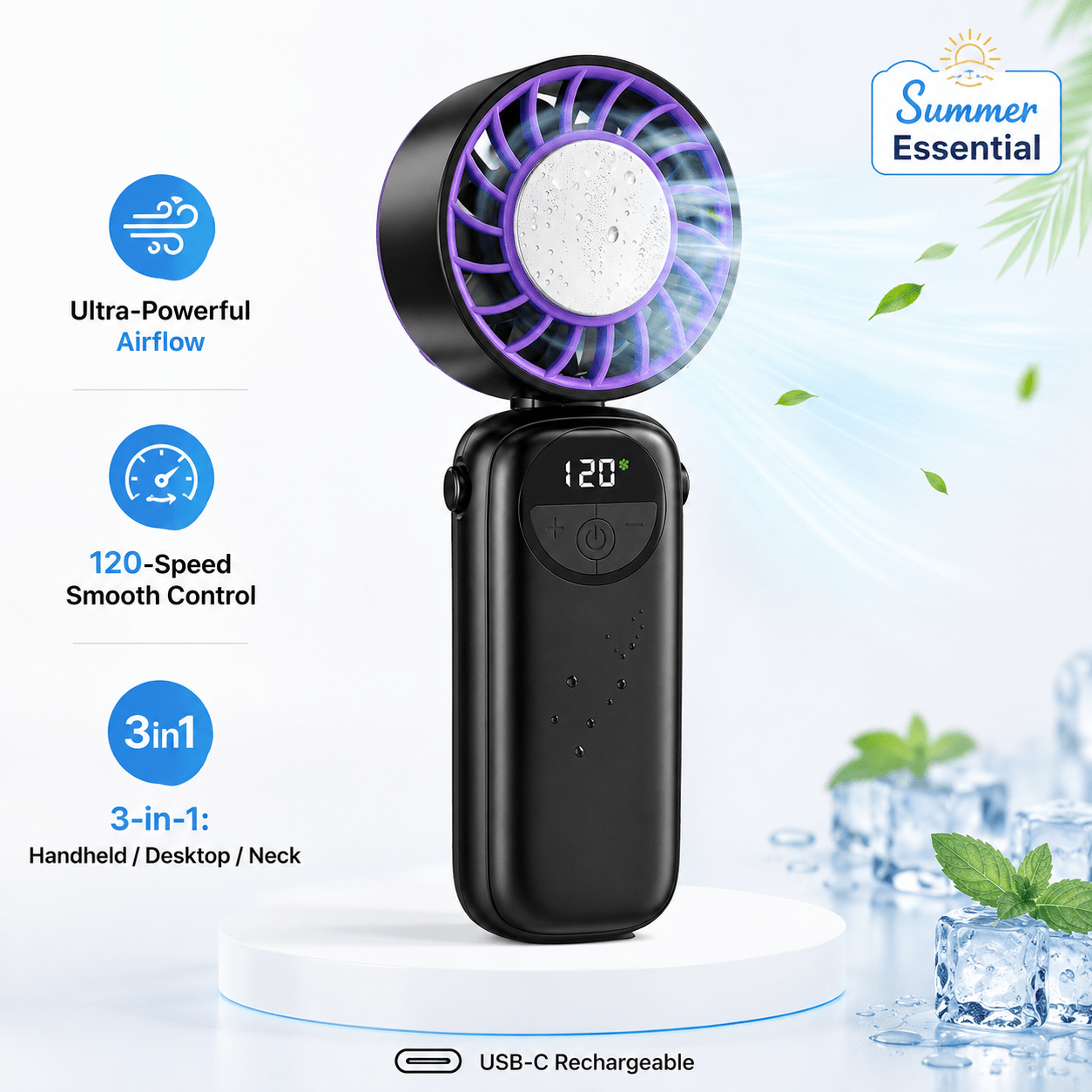 Rechargeable Handheld Cooling Fan, Portable Mini Fan with Stepless Speed Control & Smart LED Display, 3-in-1 Desktop/Neck-Hung Fan, USB Rechargeable, Quiet & Lightweight for Travel Office Outdoor