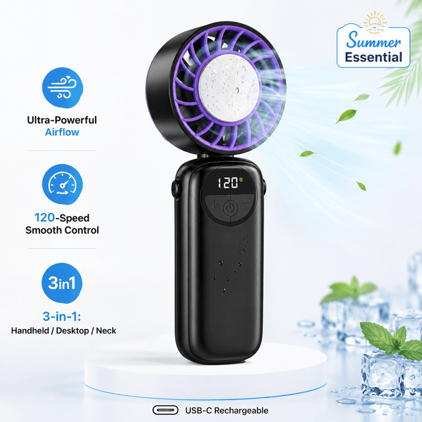 Rechargeable Handheld Cooling Fan, Portable Mini Fan with Stepless Speed Control & Smart LED Display, 3-in-1 Desktop/Neck-Hung Fan, USB Rechargeable, Quiet & Lightweight for Travel Office Outdoor