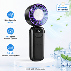 Rechargeable Handheld Cooling Fan, Portable Mini Fan with Stepless Speed Control & Smart LED Display, 3-in-1 Desktop/Neck-Hung Fan, USB Rechargeable, Quiet & Lightweight for Travel Office Outdoor