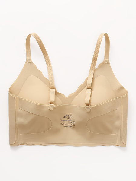 Elegant Wireless Comfort Bra With Wave-Edge | Solid Color, Non-Removable Padding, Patched Detail