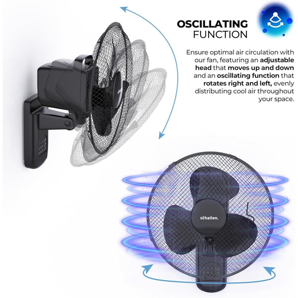 Schallen BLACK 16 Inch Wall Mounted Fan with Remote Control, Oscillating Cooling Fan 40cm, 3 Speed Settings, Timer Function, Quiet Wall Fan for Bedroom, Office, Kitchen, Garage, Home Cooling Fan UK, Adjustable Tilt Air Circulator, Energy Efficient Wall Fa