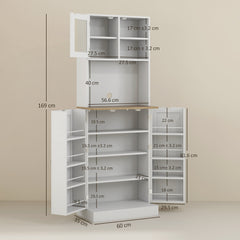 169cm Kitchen Cupboard, Freestanding Storage Cabinet with Microwave Shelf, Adjustable Shelves & 8 Door Storage, Modern Kitchen Pantry with Glass Door for Living Room, Dining Room, White
