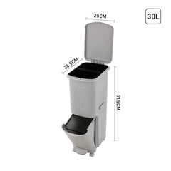 30L Large Dual Compartment Kitchen Bin, 2-Layer Dry and Wet Waste Separation Trash Can with Lid, Slim Space-Saving Design for Home, Office, Outdoor Use, Recycling Solution