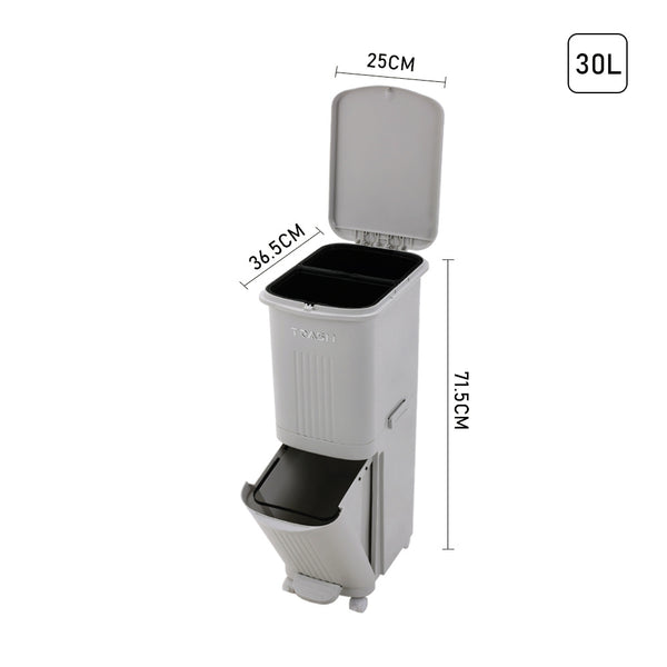 30L Large Dual Compartment Kitchen Bin, 2-Layer Dry and Wet Waste Separation Trash Can with Lid, Slim Space-Saving Design for Home, Office, Outdoor Use, Recycling Solution