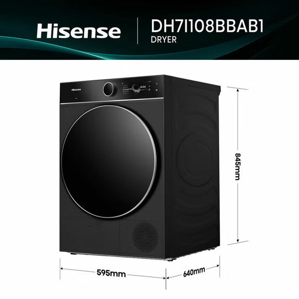 Hisense 7I Series DH7I108BBAB1 10Kg Heat Pump Dryer, A+++ Rated in Black