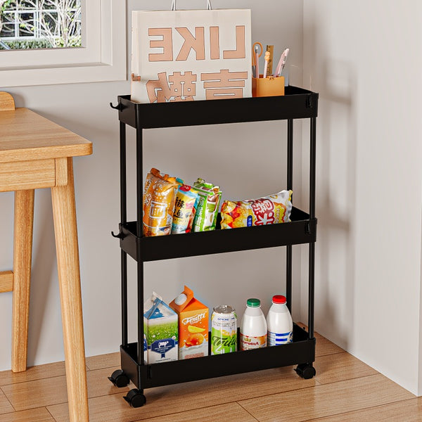 3-Tier Slim Rolling Storage Cart with Narrow Space-Saving & Heavy-Duty Plastic Shelving Unit - Mobile Utility Cart Suitable for Kitchen, Bathroom, Laundry Room, Office - Assembly, No Metal Parts, Lightweight Shelving Unit, Standing Shelf