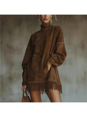 A High-Neck Dress for Women Featuring Fringes, a Loose Fit, Long Sleeves, And Pockets. This Bohemian-Style Skirt Is Perfect for The Relaxed Fashion of Autumn And Winter. It'S Great for Street Style, Holiday Trips