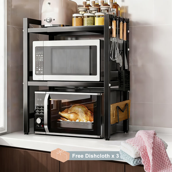 3-Tier Expandable Microwave Oven Rack with 6 Hooks And 3 Towel Racks, Includes a Chopstick Holder, Cutting Board Holder, Spice Rack, And Kitchen Storage Rack. Suitable for Kitchens, Offices, And Storage Rooms. Extends 40-64 Cm (Black, White)