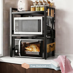 3-Tier Expandable Microwave Oven Rack with 6 Hooks And 3 Towel Racks, Includes a Chopstick Holder, Cutting Board Holder, Spice Rack, And Kitchen Storage Rack. Suitable for Kitchens, Offices, And Storage Rooms. Extends 40-64 Cm (Black, White)