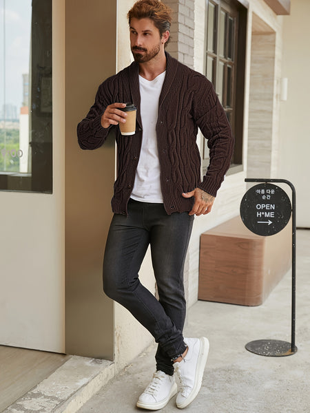 Men'S Solid Cable Knit Cardigan Fall Winter Button-Up Knit Coat