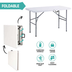 Portable Dining 4 Feet Garden Table, Foldable 4ft Trestle Catering Heavy Duty Folding Tables, Indoor & Outdoor Multi-Purpose Picnic BBQ Party Table, White