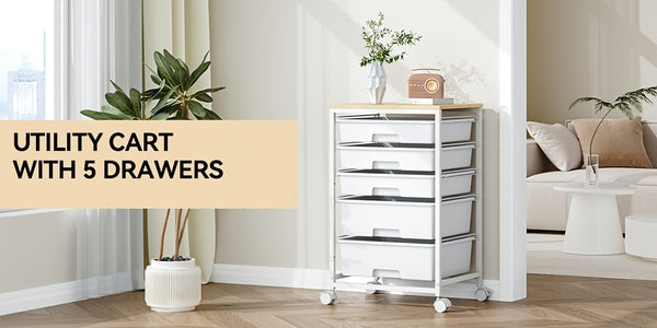 KINGRACK 5-Drawer Rolling Storage Cabinet with Lockable Casters & /Grey Drawers - Heavy-Duty Iron Frame, Space-Saving Mobile Organizer Cart, Compact 27-Inch Height, 3.2 Cu Ft Capacity, Stackable Design for Bedroom, Living Room, Home Office - Easy As