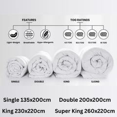 BEST HOTEL QUALITY DUVET QUILT POLYPROPYLENE OUTER COVER PLYSTER FILLED SINGLE DOUBLE KING SUPER-KING ALL SIZE 4.5 10.5 13.5 15 TOG WHITE DUVET WINTER WARM EXTRA WARM Striped Breathable King Size Washable White